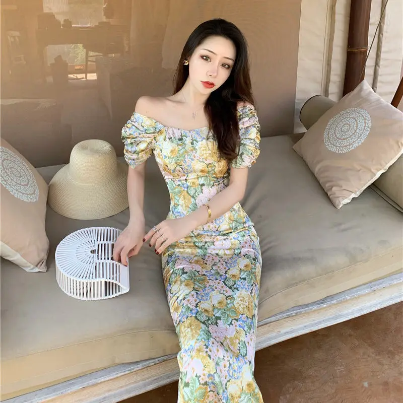

Cottagecore Dress 2021 Korean Style Elegant Sweet Fairy Floral Print Dresses Holiday Kawaii Sexy Off Shoulder Slim Robe Beach
