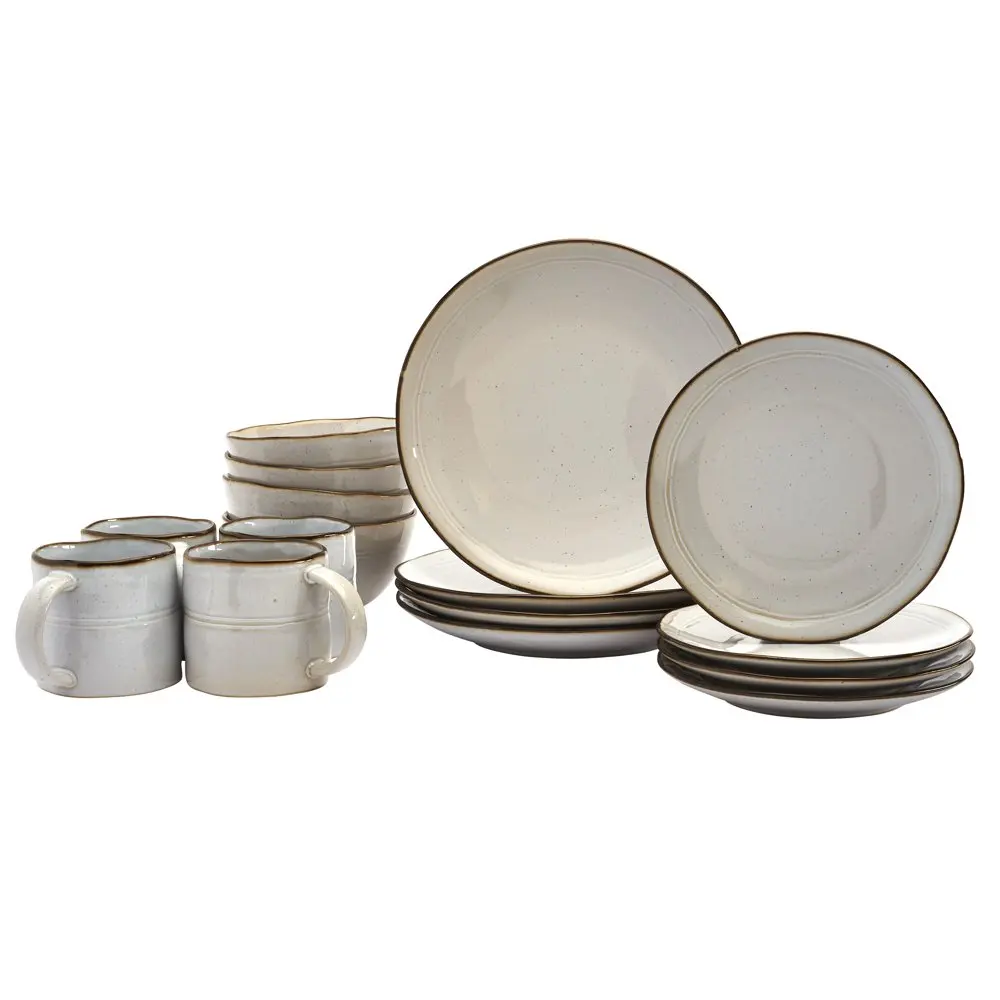 

Набор посуды Женева из 16 предметов, керамическая посуда для 4 слоновой кости с коричневым ободом