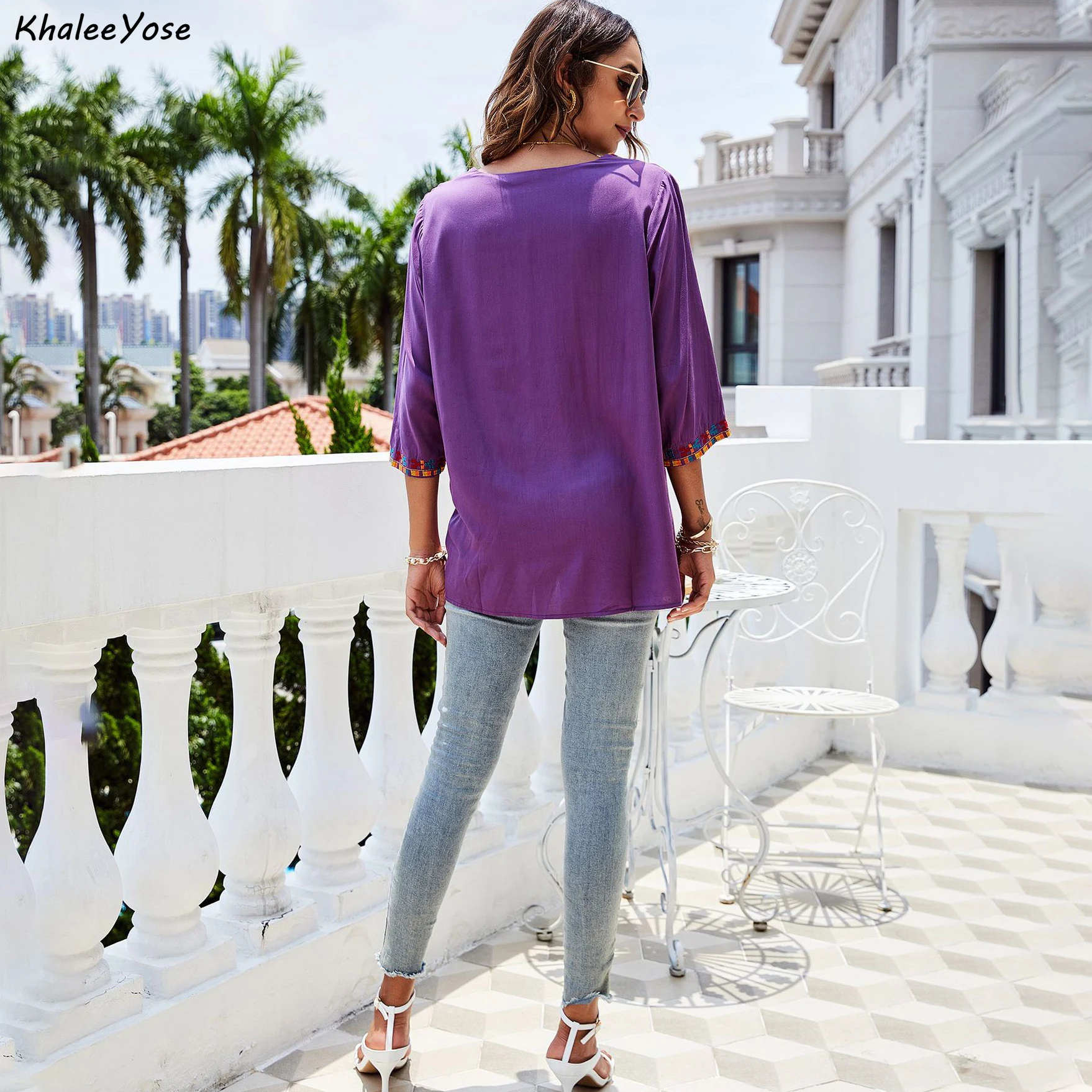 Блузка KHALEE YOSE в стиле бохо с вышивкой рубашка фиолетовый осенний стиль хиппи