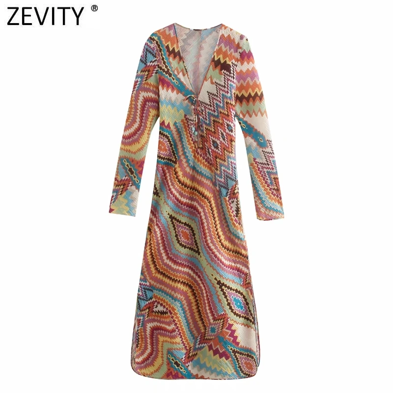

Женское винтажное платье ZEVITY, облегающее платье контрастных цветов с V-образным вырезом и геометрическим принтом, разрезами по бокам, на шну...