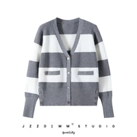 tb college style knitted sweater cardigan womens autumn and winter new dark grid striped waist v neck long sleeved top coat