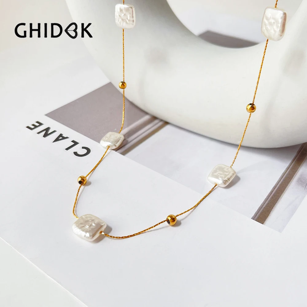 

GHIDBK Stainless Steel Gold Plated Thin Serpentine Chain Imitation Square Baroque Pearl Necklace Jewelry for Women Wedding