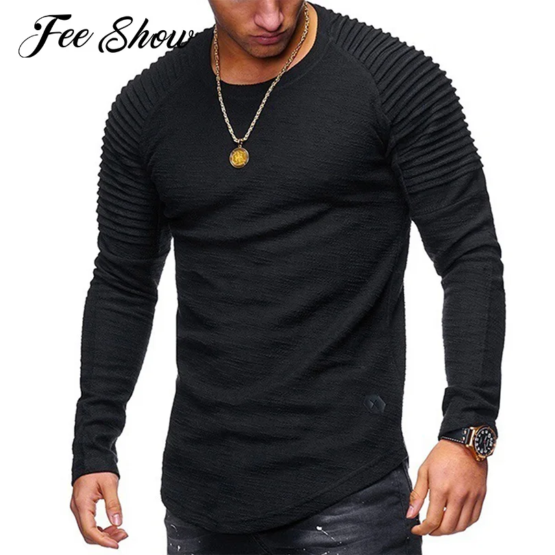 

Fashion Men Casual Solid Color Running T-shirt Top Long Sleeve Ruched Shoulders Pullover T-shirts Tops for Traveling Office Work