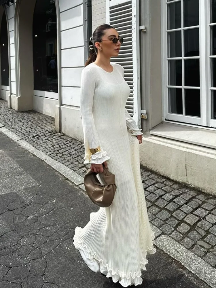 Женское трикотажное платье макси элегантное лоскутное длинное с оборками и