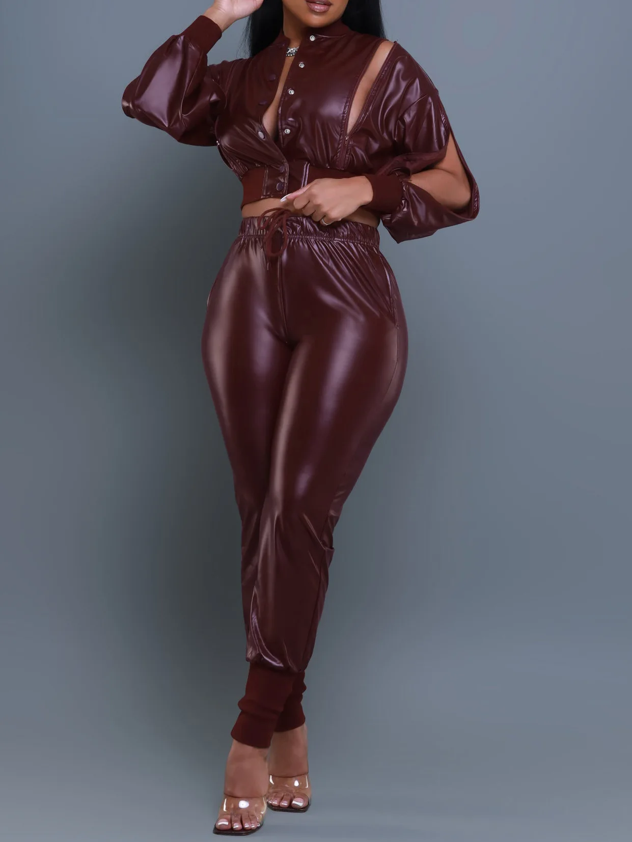 Женский комплект осенне-зимняя модная куртка из искусственной кожи узкие брюки