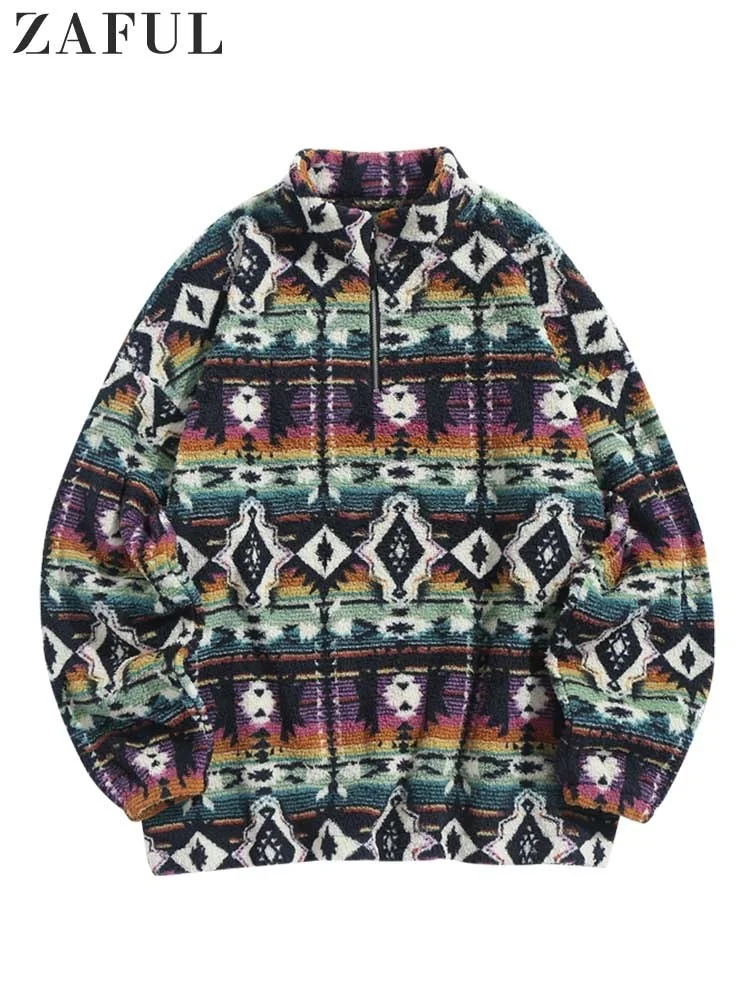 

die for Men Etnic Aztec Print Fluffy Sweatsirt Zip Up Streetwear Pullover Loose Turtleneck Sweats Unisex Style NEW