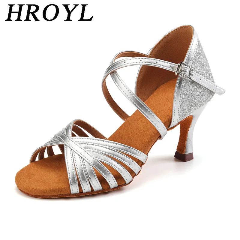 

HROYL Dance Shoes for Women Latin Ballroom Tango Dancing Shoes Silver Gold for Female 5 CM 7 CM Salsa Indoor Sandals for Dancing