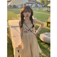 sweet spice girl hollowed out embroidery stitching fashionable dress new summer chic design sense suspender mid length skirt wom
