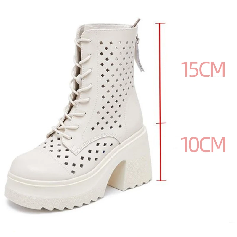2023 New Fashion 10cm Genuine Leather Thick Heels Booties Summer Hollow Females Sandal Boots Women Mid Calf Boots Platform Shoes