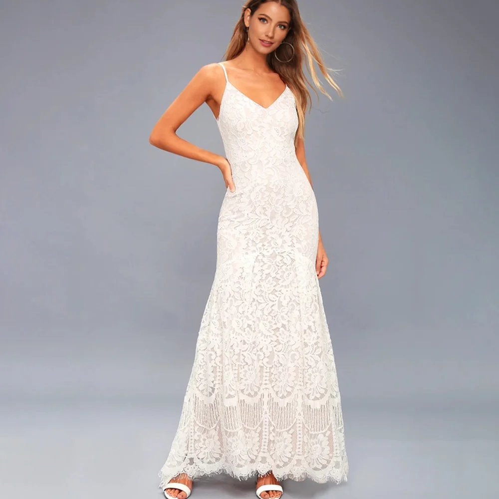 

Casual sexy slim temperament elegant new dress,New dress fashion women's white suspender Lace Wedding Dress2023