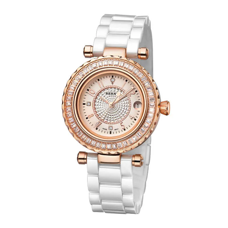 BERNY Quartz Women Wristwatch Ceramics Ladies Watch with 48 zircon Inlaid Waterproof Rose Gold Bracelet High Accuracy Watches