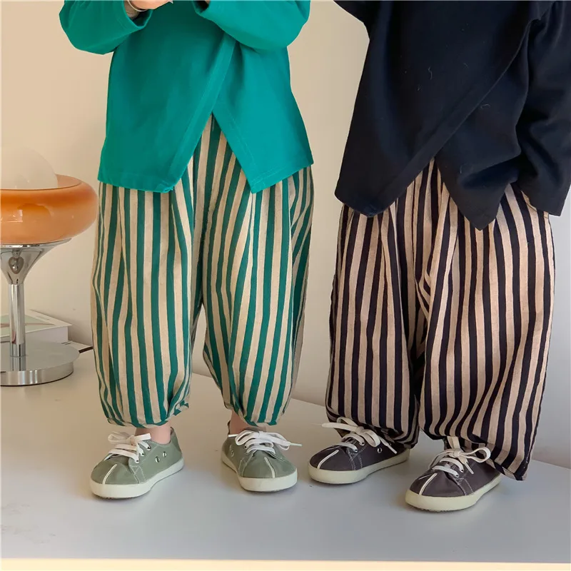 

2022 Spring Kids cotton linen loose bloomers Children fashion vertical stripe trousers