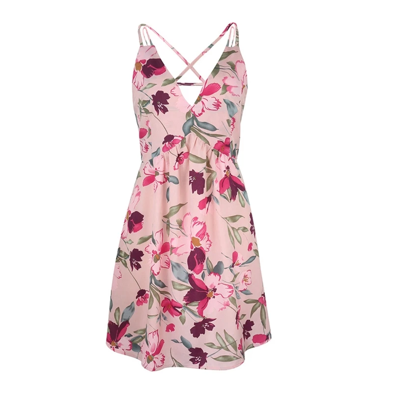 

Женское ТРАПЕЦИЕВИДНОЕ мини-платье на тонких бретельках с V-образным вырезом и цветочным принтом