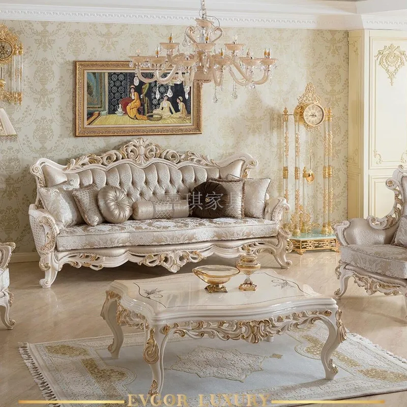 

Роскошный Европейский диван из цельной древесины, резной чайный столик, дворец, мебель в стиле барокко, внутренняя гостиная, Корт, ткань