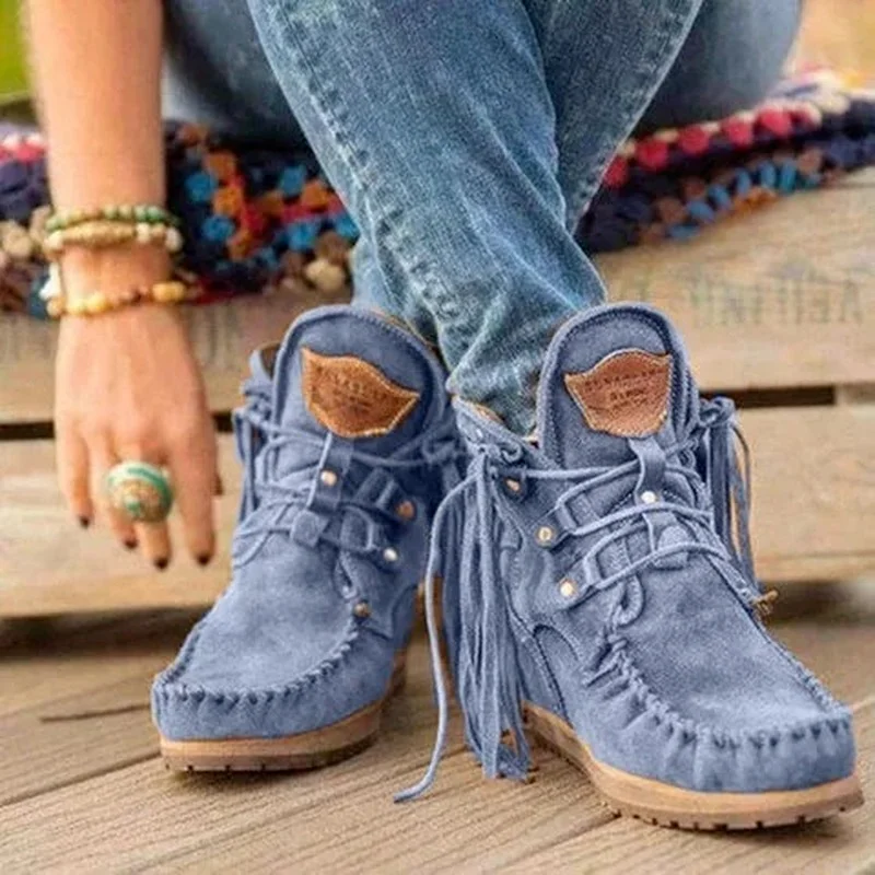 

Women Ankle Boots Retro Medieval Suede Faux Leather Tassel Round Toe Black Casual Shoes Plus Size 35-43 PU Zapatos De Mujer