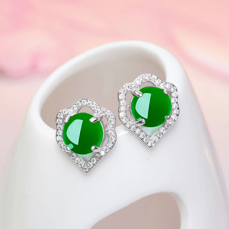 Китайские серьги из натурального нефрита и зеленого цветка сливы ручной работы