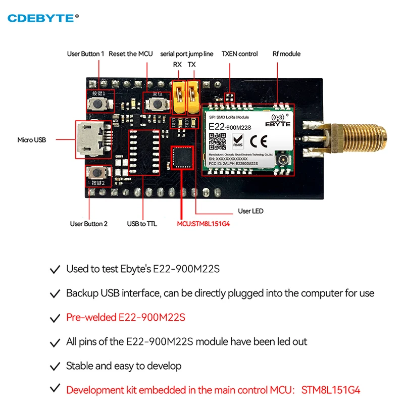 SX1268 Wireless LoRa Module Test Kit E22-900MBL-01 22dBm 7km USB Pre-welded E22-900M22S Compatible with E07/E30/E220/E32/E22