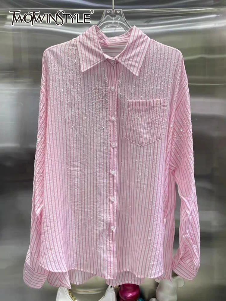

TWOTWINSTYLE Patchwork Diamond Shirts For Women Lapel Long Sleeve Loose Casual Striped Blouse Spring Female Fashion Clothing New