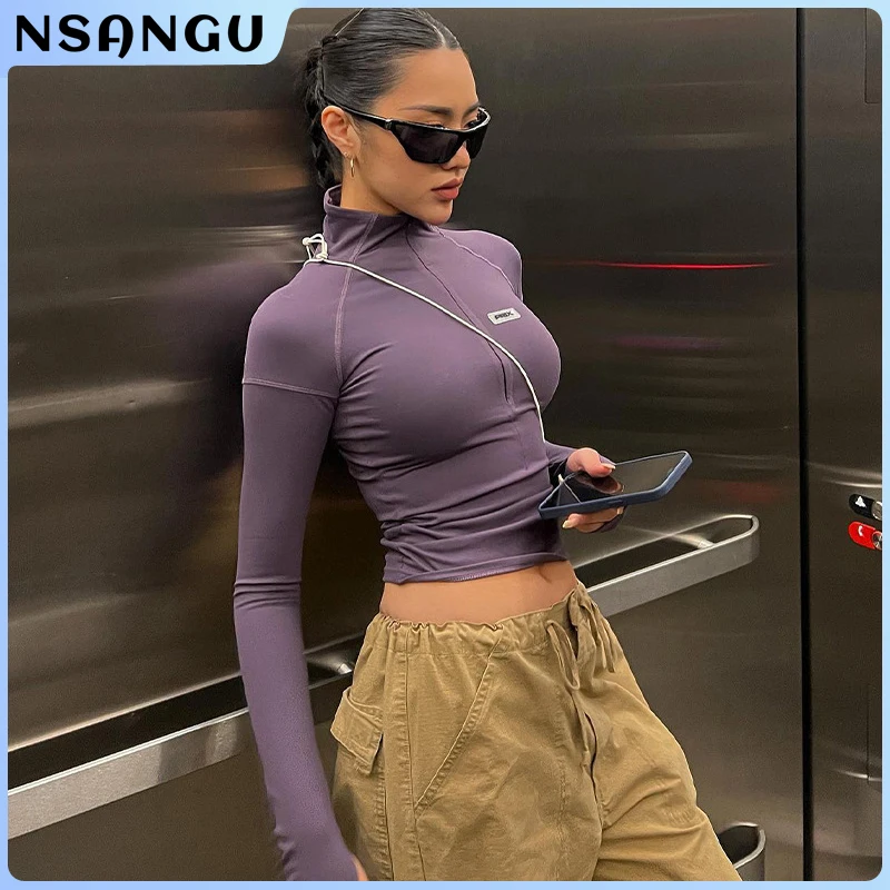 

Женская футболка на молнии Y2K, короткий топ с длинным рукавом, пуловер с воротником-стойкой, обтягивающие футболки, сексуальные женские футб...