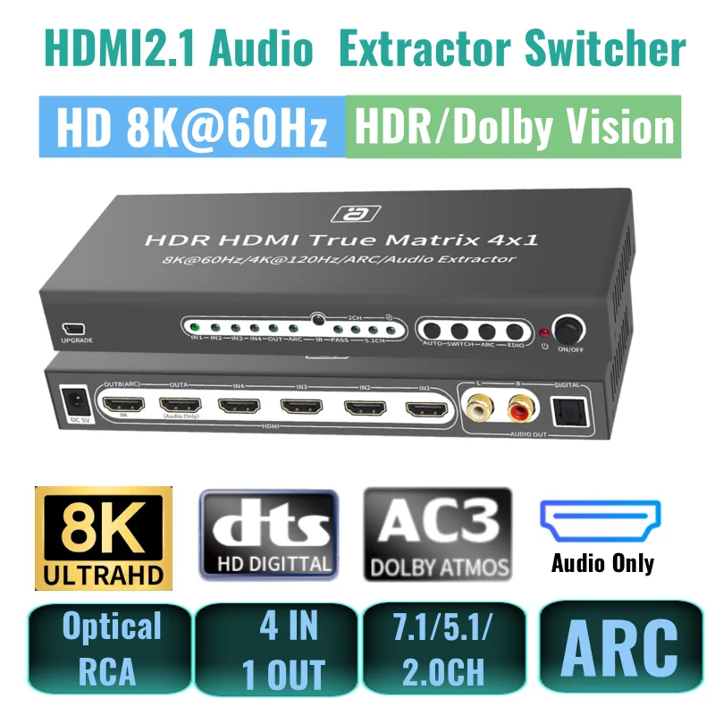 

HDMI 2.1 Switcher 4x1 8k@60hz HDMI-Compatible 8K Audio Extractor with HDR 10+ ARC CEC For PS5 XBOX Dolby HD/DTS HD/AC3/DTS/LPCM