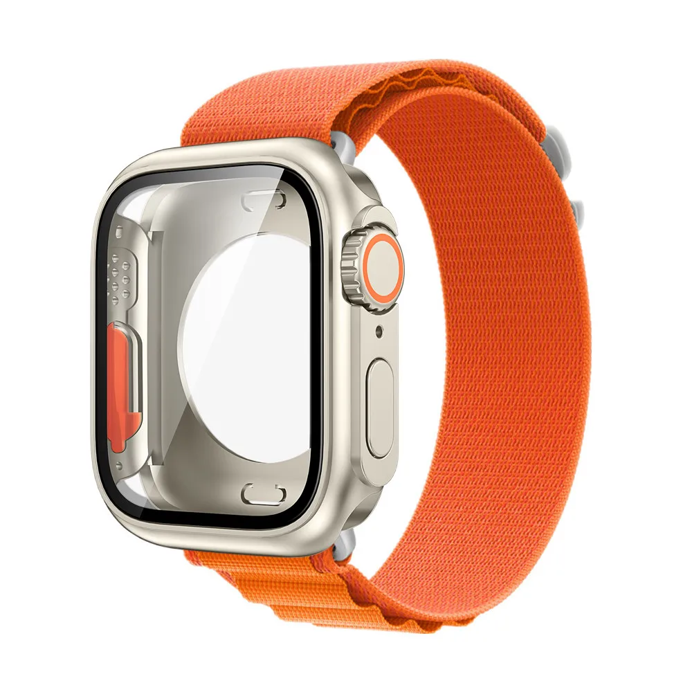 2nd Updated Mod Kit Glass Film Case Refit 360 Cover +Nylon Alpine Loop Strap For Apple Watch 8 7 6 5 4 Band Change to Ultra 49mm