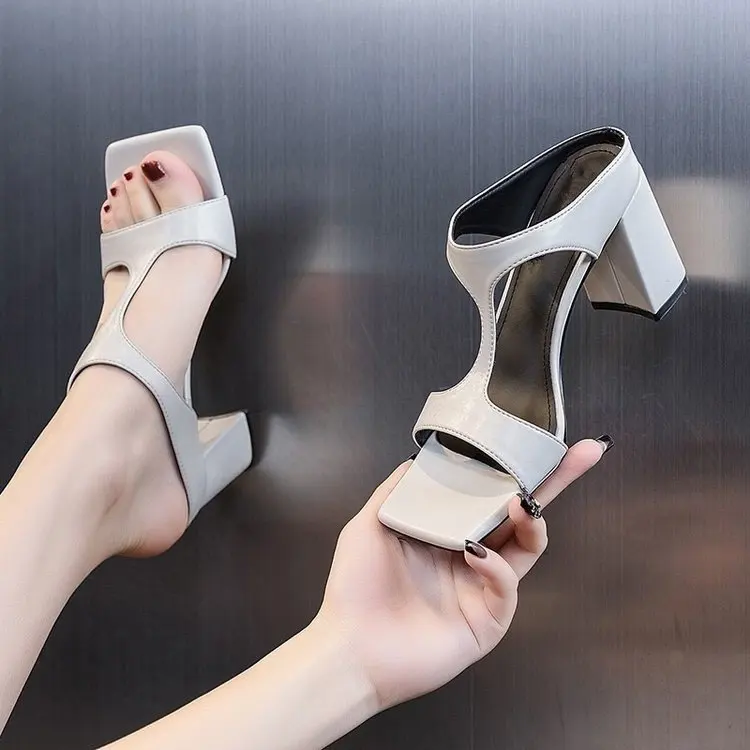 

Romanfashion sandals women'snew summer all-match outer wear square toe open-toe word thick heel high-heeled sandals and slippers