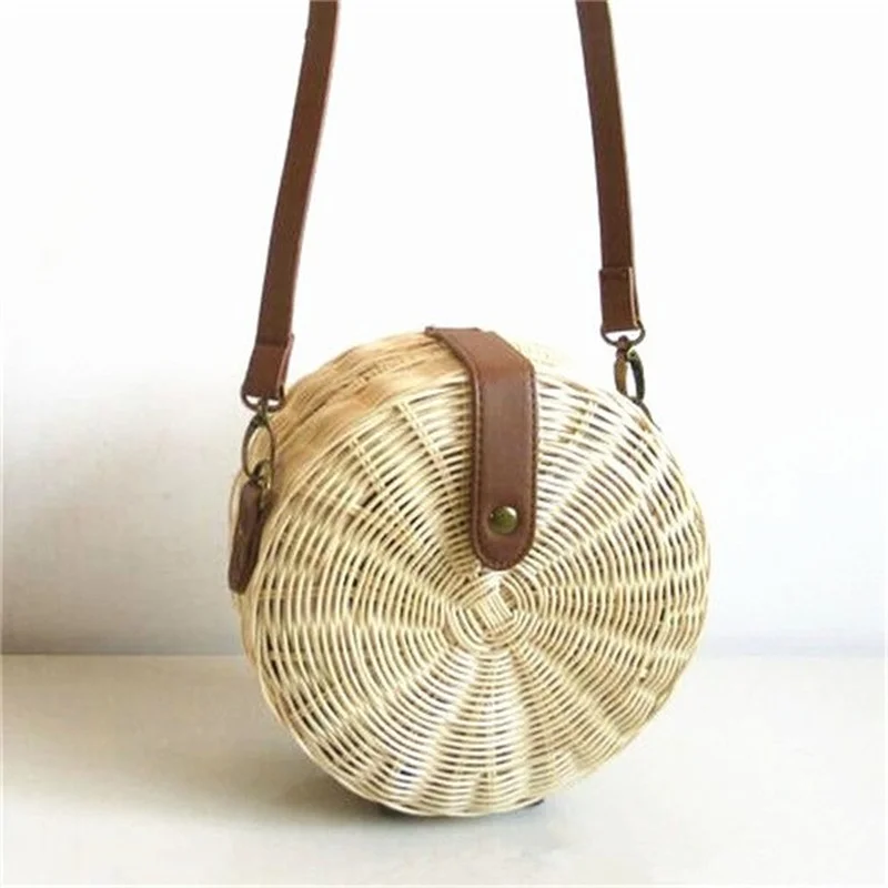 

New Handmade Woven Rattan Bag Knitting Straw Women Bags Beach Circle Handbags Summer Sling Shoulder Bags Clutch Travel Bohemian