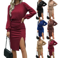 2022 autumn and winter womens threaded waist lantern long sleeved knitted slit bag hip dress