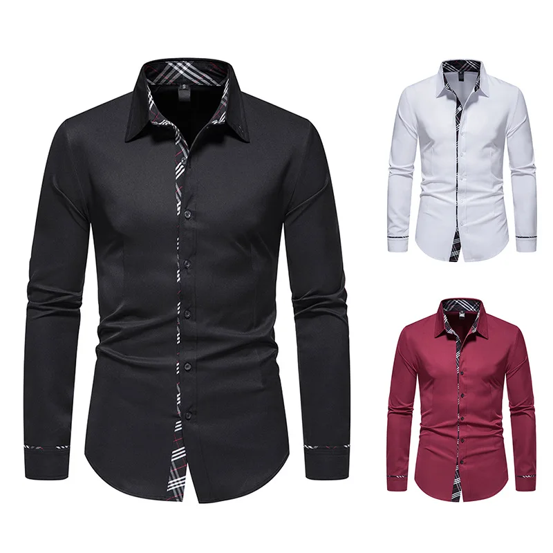 

2022 Spring Autumn Men Shirts Casual Slim Fit Patchwork Color Fashion Shirts