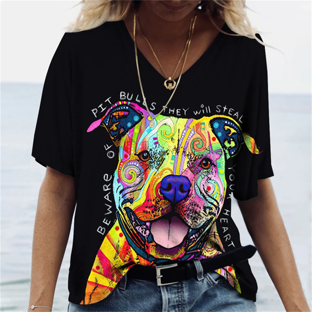 

Summer New Women's V-neck Top Short Sleeve T-shirts 3D Cute Dog Print Casual Lovely Harajuku Versatile Y2K Clothes