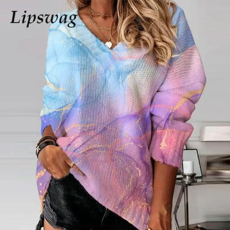 

Модный Свободный теплый свитер с V-образным вырезом и длинными рукавами, женский элегантный красочный Универсальный джемпер, Повседневная Уличная одежда на осень и зиму, свитер