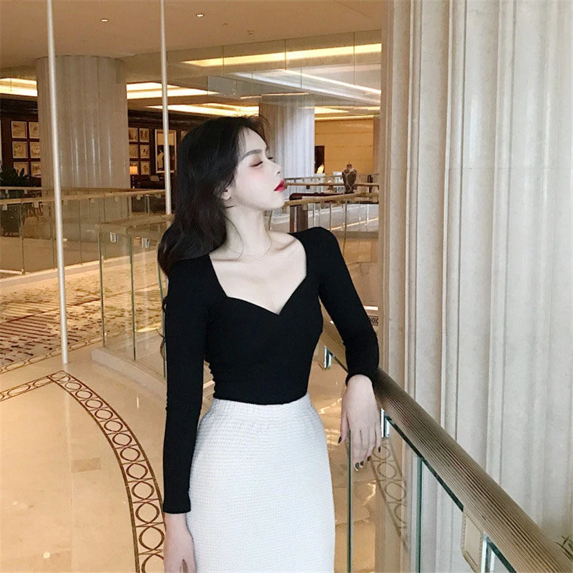 Топ женский с квадратным вырезом пикантная футболка длинным рукавом и V-образным