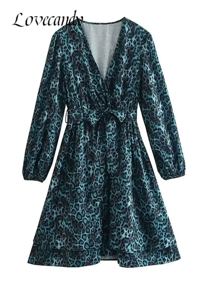 

Мини-платье женское с леопардовым принтом, длинным рукавом и V-образным вырезом