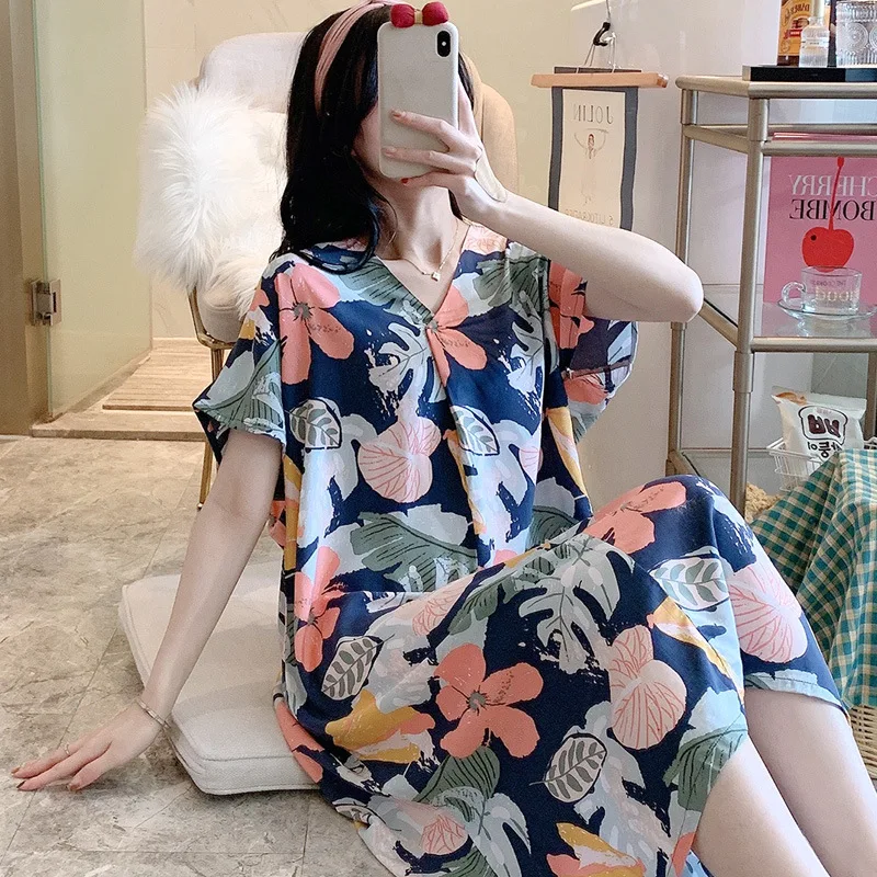 Womens Nightgowns Short Sleeve Sleepwear V-Neck Sleepdress Casual House Pajama Dress Floral Printed Soft Cotton Sleep Shirts