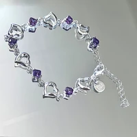 linjing 925 sterling silver bracelet for women fashion heart purple crystal zircon bracelet jewelry gift feminina