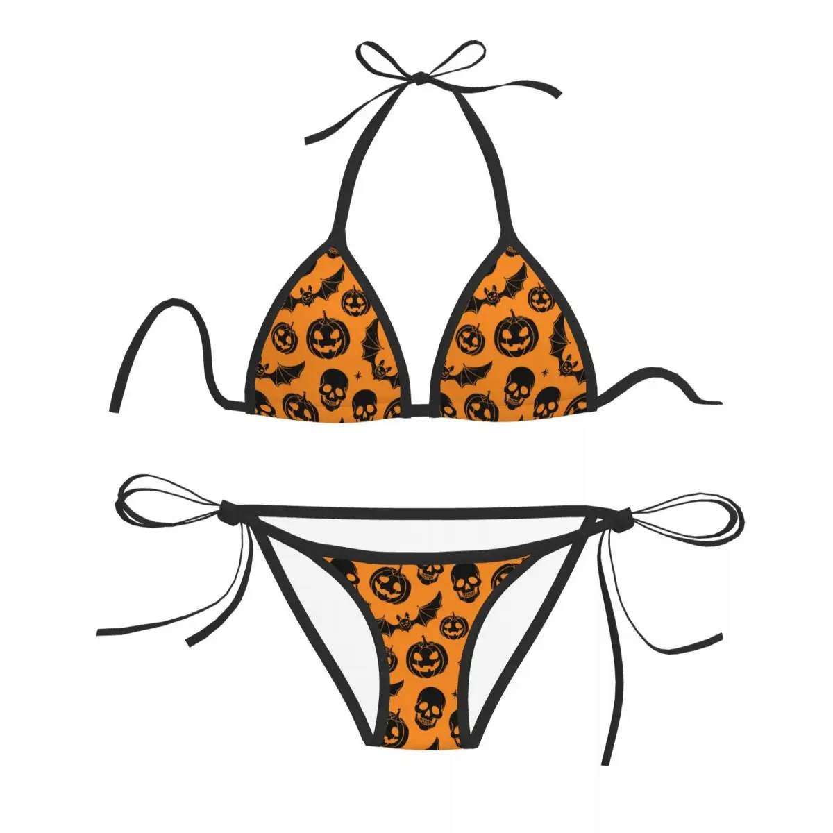 

Sexy Bikini Women Swimsuit Push-up Two Piece Swimwear Black Pumpkin Bat And Skull Bathing Suit Beachwear Brazilian