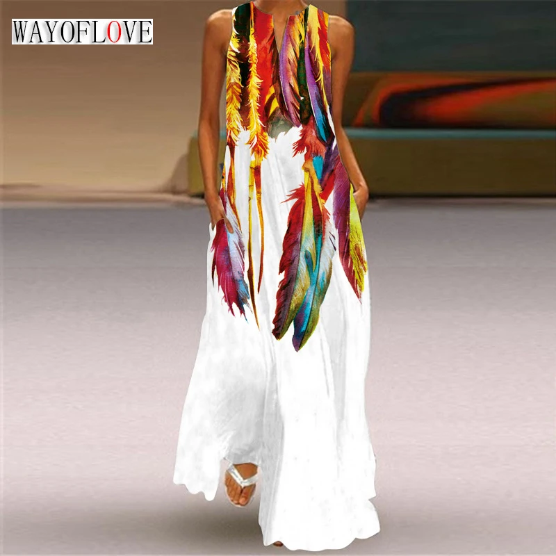 

WAYOFLOVE Lady Spring Summer White Long Dress Sleeveless Feather Print Elegant Dresses For Women 2023 Casual Beach Women's Dress