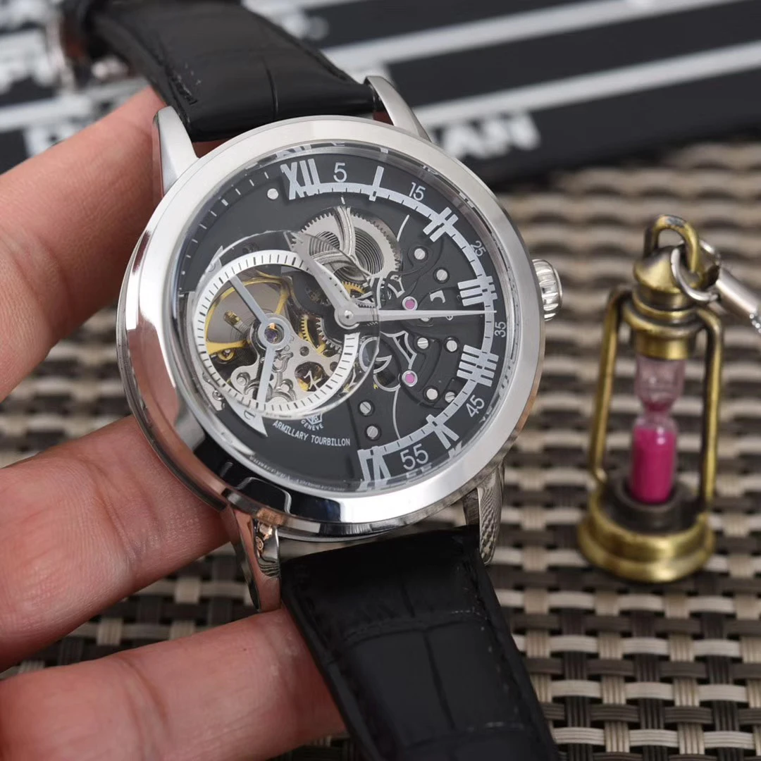 

Мужские автоматические механические часы из черной кожи tourbillion