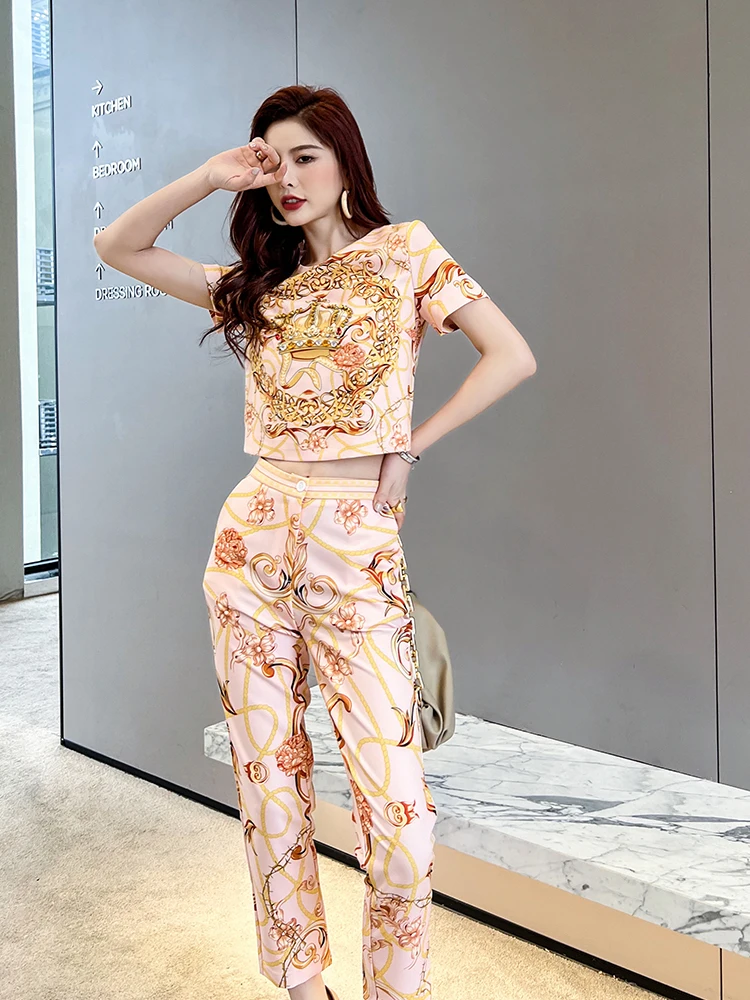 Delocah High Quality Summer Women Fashion Designer Pant Sets Short Sleeve Crystal T-Shirts + High Waist Vintage Long Pants Suits enlarge