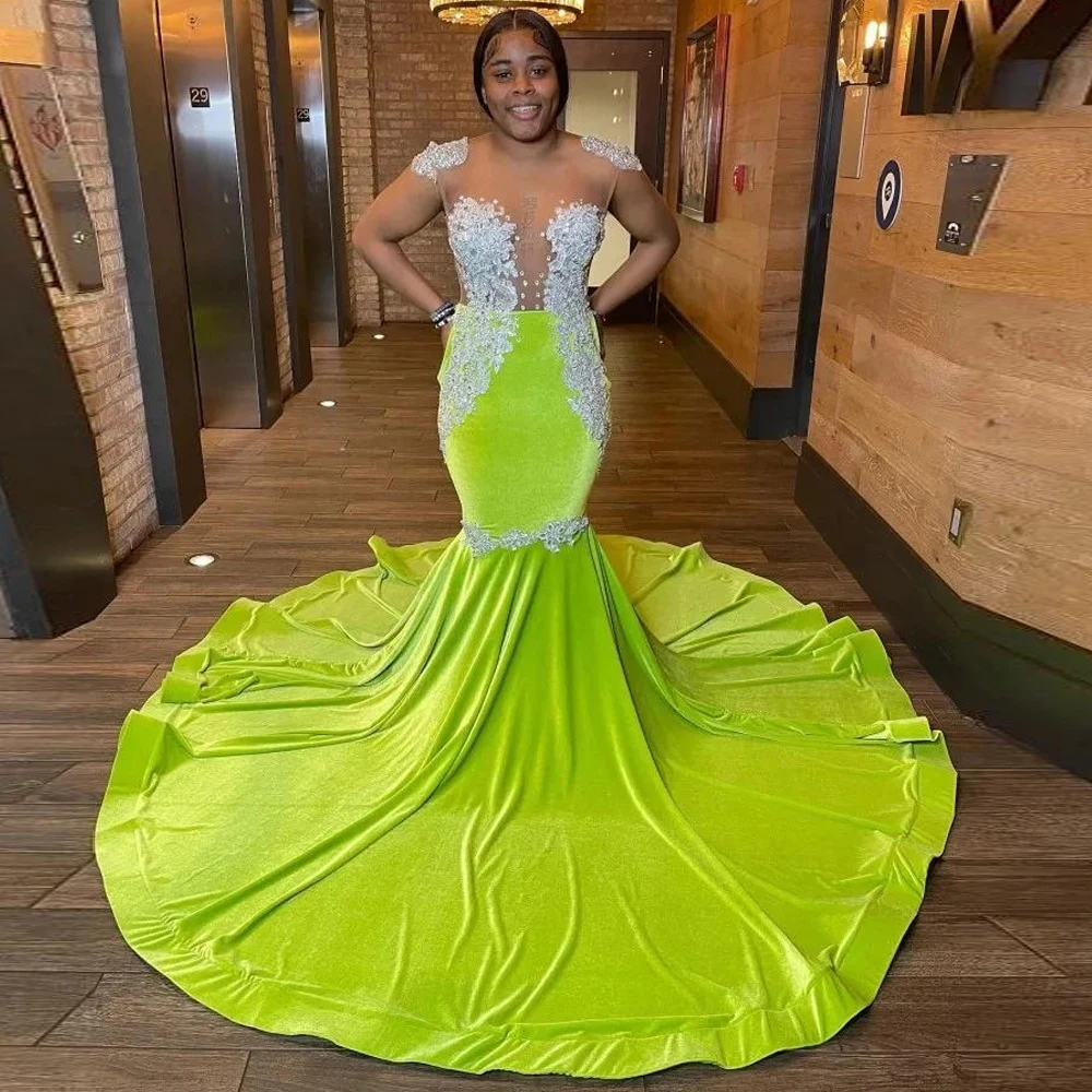 

Потрясающие бархатные Выпускные платья с открытой спиной, Кружевная аппликация, иллюзия, верх, выпускной, женское черное платье, Русалка, платье для вечеринки