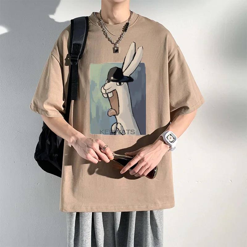 

Mens T Shirt Long-Eared Bunny Cartoon Print Fashion Hipster Loose Breathable Limited Oversized Summer T-Shirts Free Shipping