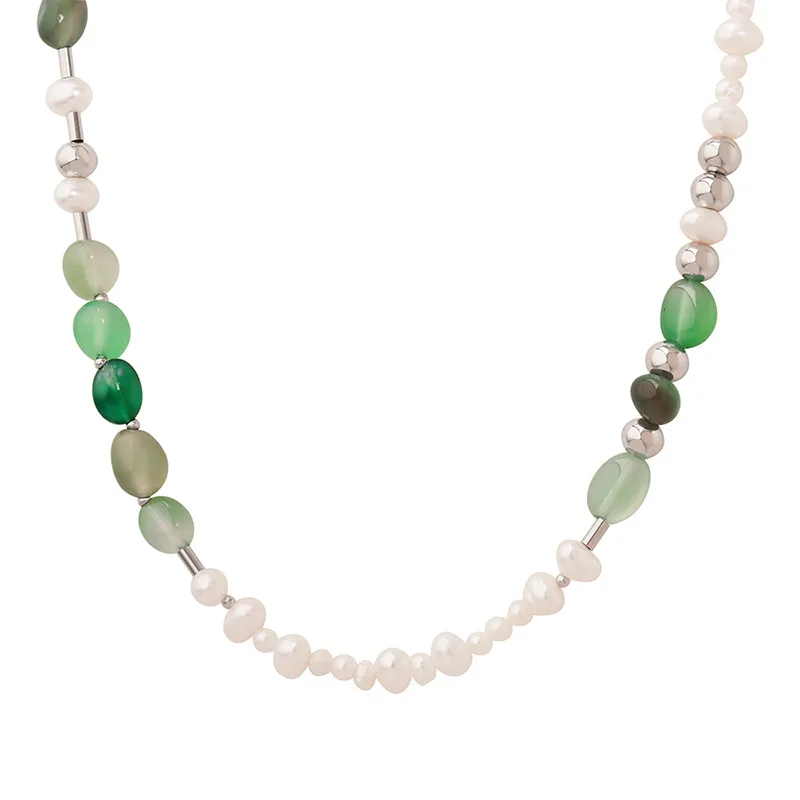 

Minar Dainty Natural Pearl Beaded Necklaces for Women 18K Gold Stainless Steel Irregular Green Natural Stone Chokers Necklace