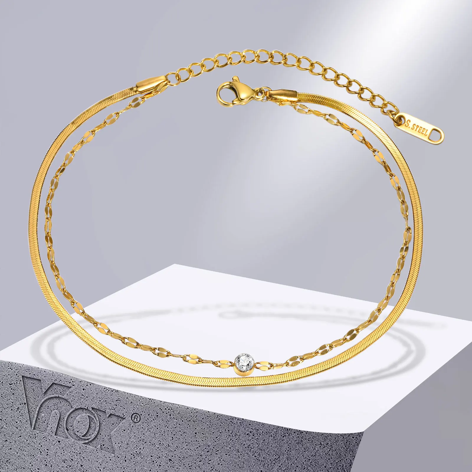 

Vnox Chic Double Chain Links Bracelets for Women, Gold Color Stainless Steel Snake Chain Wristband Gift Jewelry