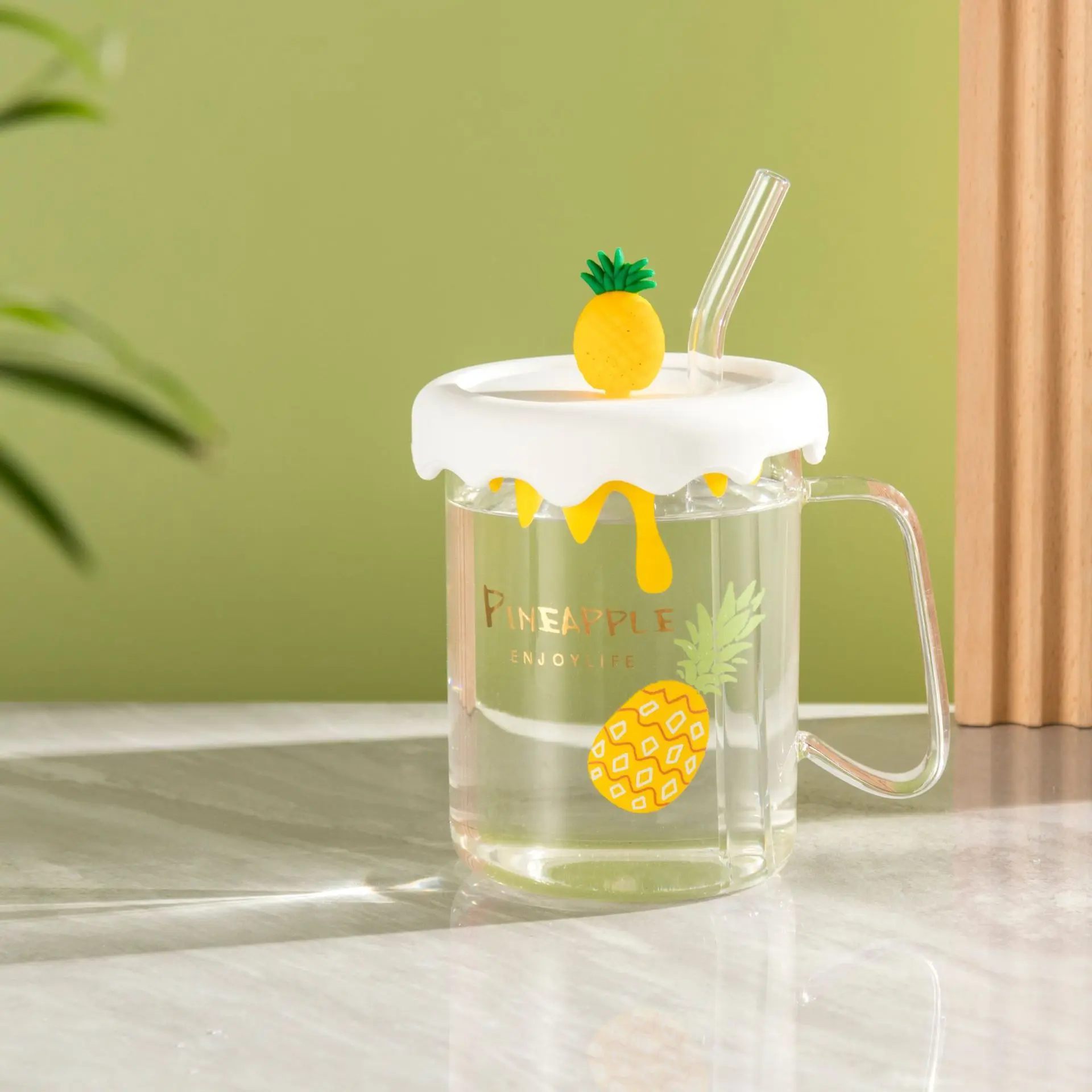

Fresh Fruit Glass Straw Cup with Lid and Spoon Glass Milk Cup Office Home Student Drinking Cup Water Bottle Kitchen Home