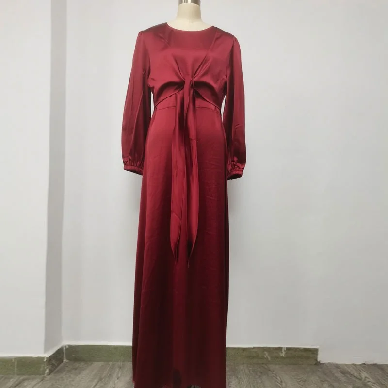 Eid Satin Long Dress Dubai Abaya Women Muslim Wrap Front Elegant Long Sleeve Hijab Dresses Party Robe Islamic Turkey Clothes