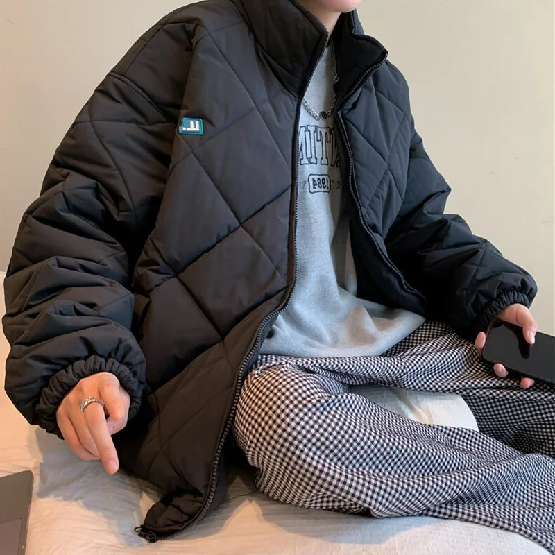 

Rhombus Plaid Stand Collar Bread Suit Casual Loose Couple's Clothes Winter Warm Fashionable Cotton Coat Men