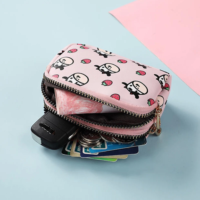Cute Cow Pattern Coin Purse for Women Card Wallet Students Double Pocket Zipper Key Bag Portable Lipstick Bank Card Storage Bag