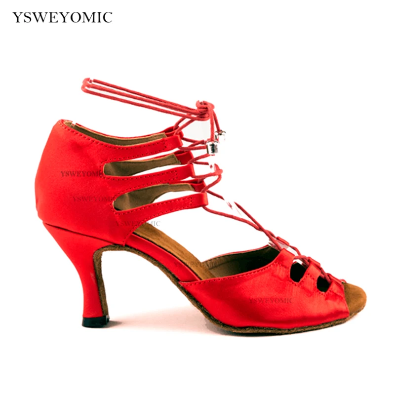 Indoor Dance Shoes For Women 2022 Blue Red Black Satin Latin Ballroom Dance Shoes Suede Outsole 7cm Dance Heels