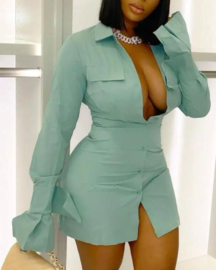 

Платье-рубашка с длинным рукавом, пуговицами и отложным воротником