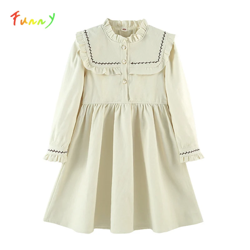 

Платья принцессы для девочек, весна-осень 2023, хлопковое детское платье до колена с длинным рукавом, однотонная повседневная одежда для подростков